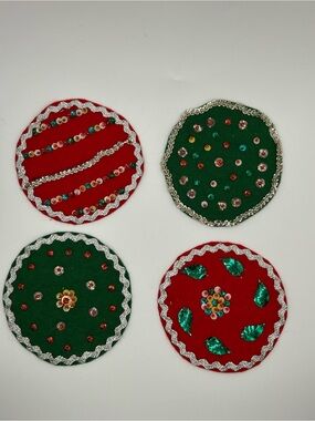 Homemade Christmas Vintage Festive Red and Green Felt Coasters w Sequin Accents